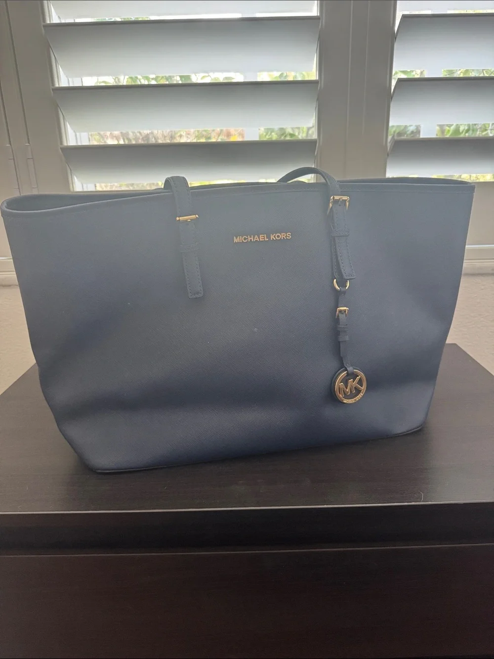 Michael Kors Navy Saffiano Leather Tote with Gold Hardware